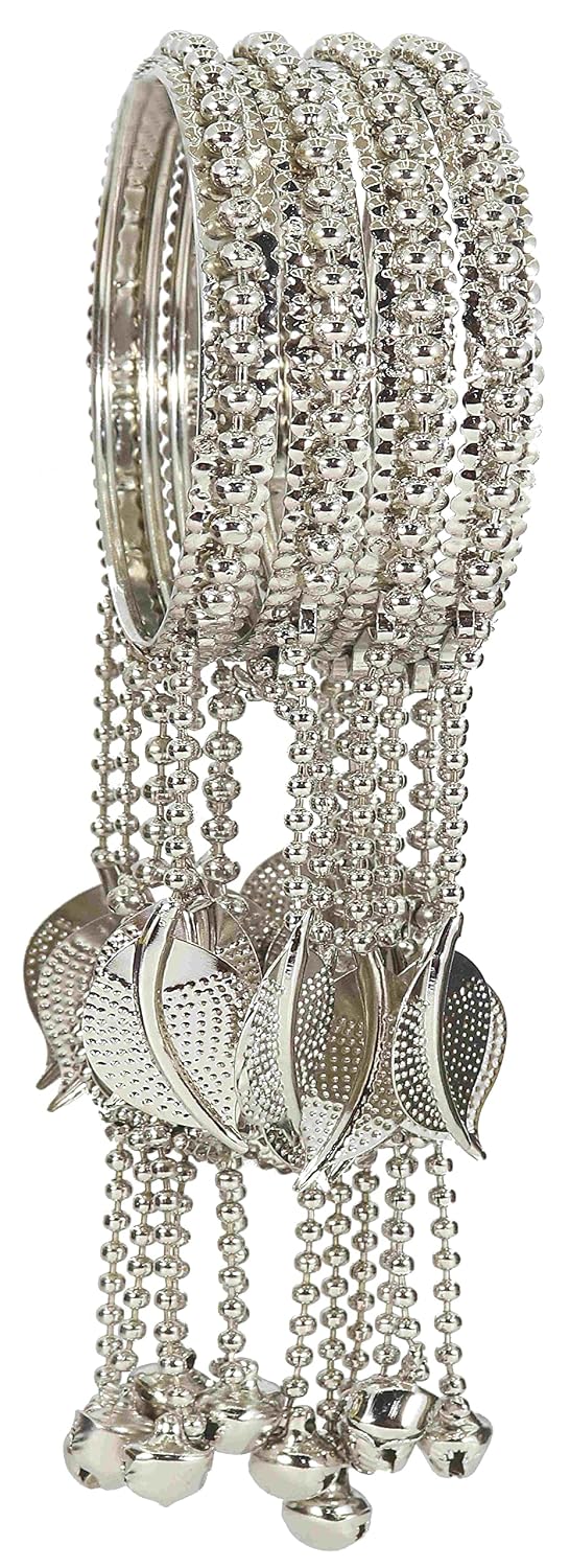 NMII Non-Precious Metal With Base Metal and Linked with Bracelet Bells Worked Glossy Finished Latkan Kaleere Type Kada Set For Women and Girls