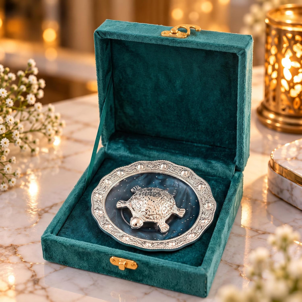 KridayKraft Decorative Tortoise Showpiece with 14 cm Designer Tray and Luxury Dark Teal Blue Gift Box, Tabletop Décor for Home, Office, Wedding, Anniversary and Housewarming Gift