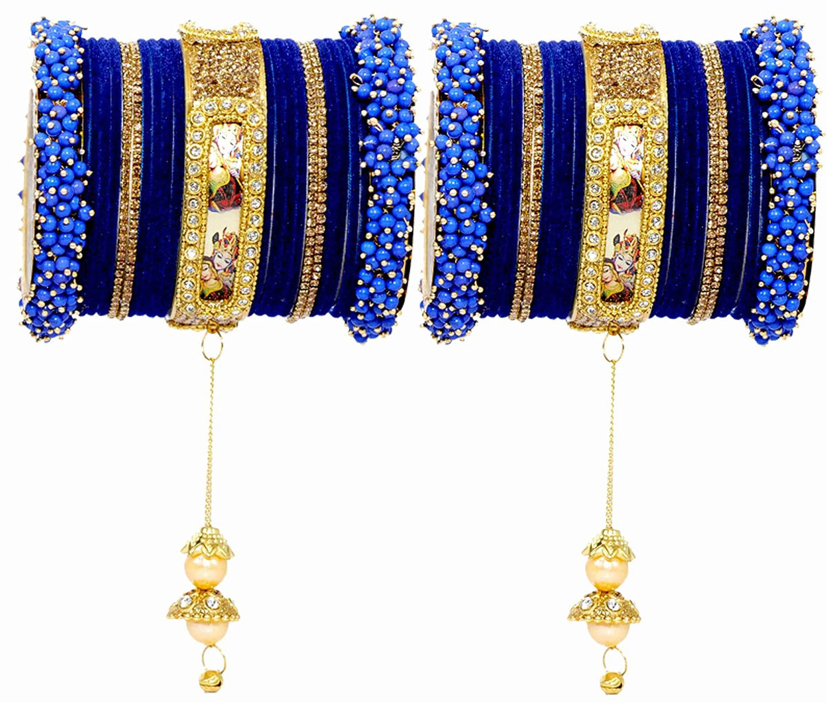 NMII Non-Precious Metal,Base Metal with Radha Krishna Latkan Zircon Gemstone Or Pearl and Velvet worked Glossy Finished Bangle Set For Women and Girls