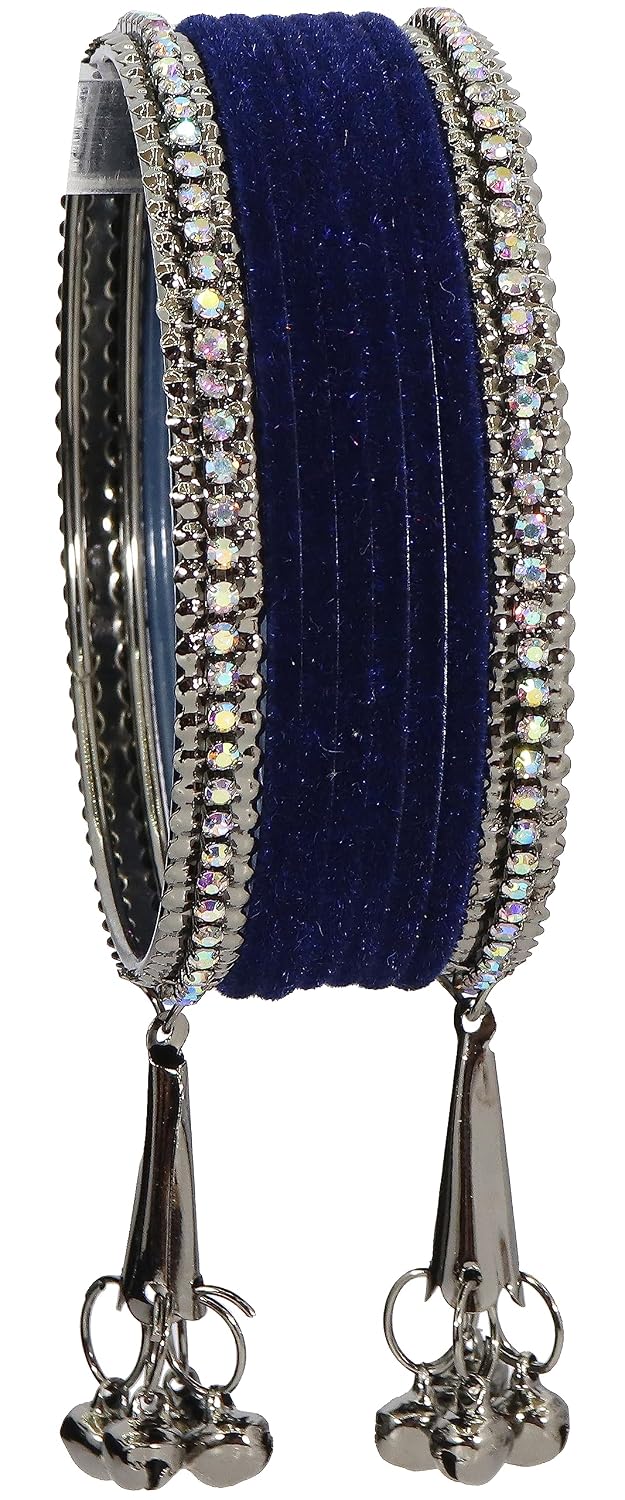 NMII Metal with Zircon Gemstone and Velvet Adorned Bells Latkan Bangles Set For Girls and Women