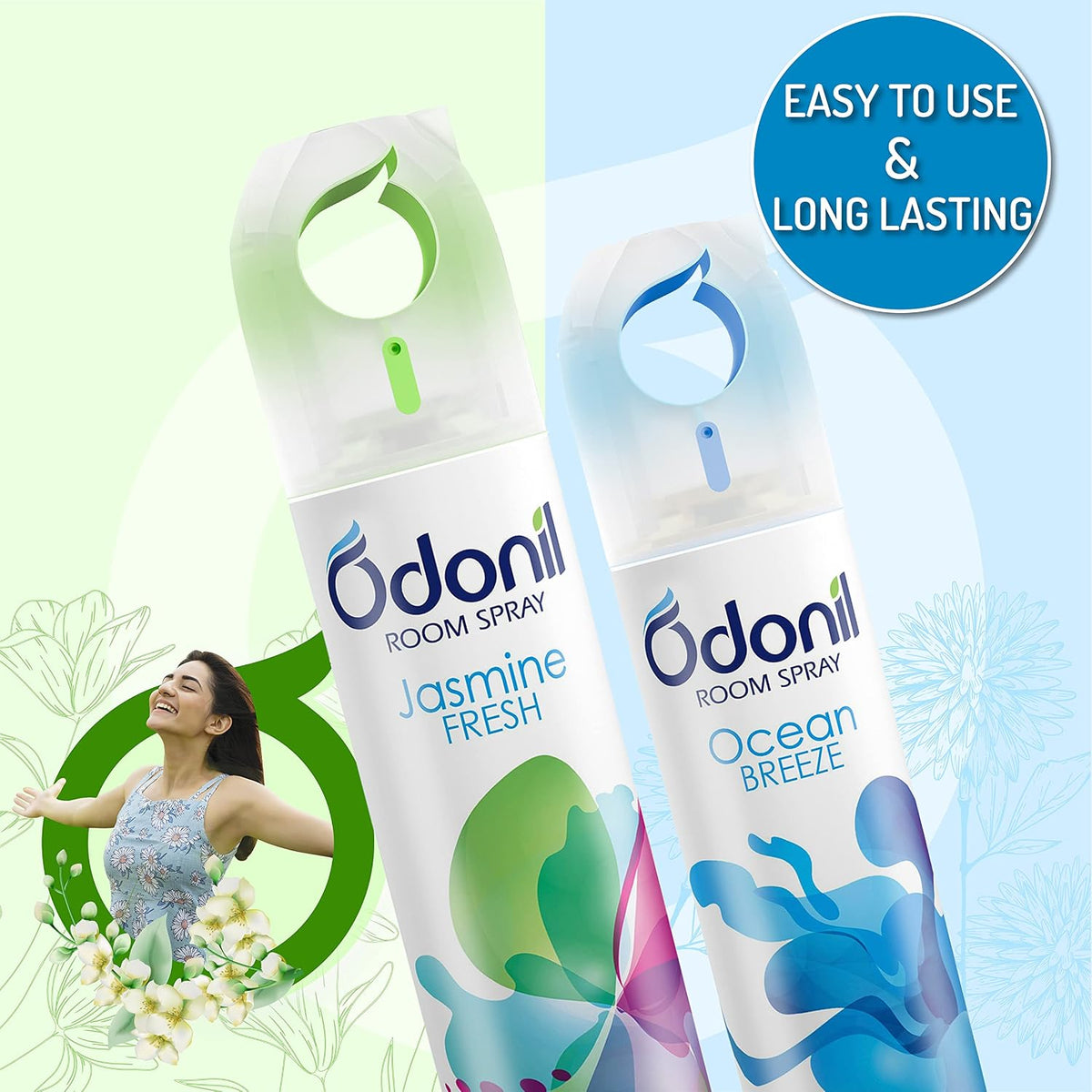 Odonil Air Freshener Room Spray - 440 ml Combo (Pack of 2, 220ml each) | Jasmine Fresh & Ocean Breeze | Nature Inspired Fragrance for Home & Office | Long Lasting Fragrance | Instant Freshness