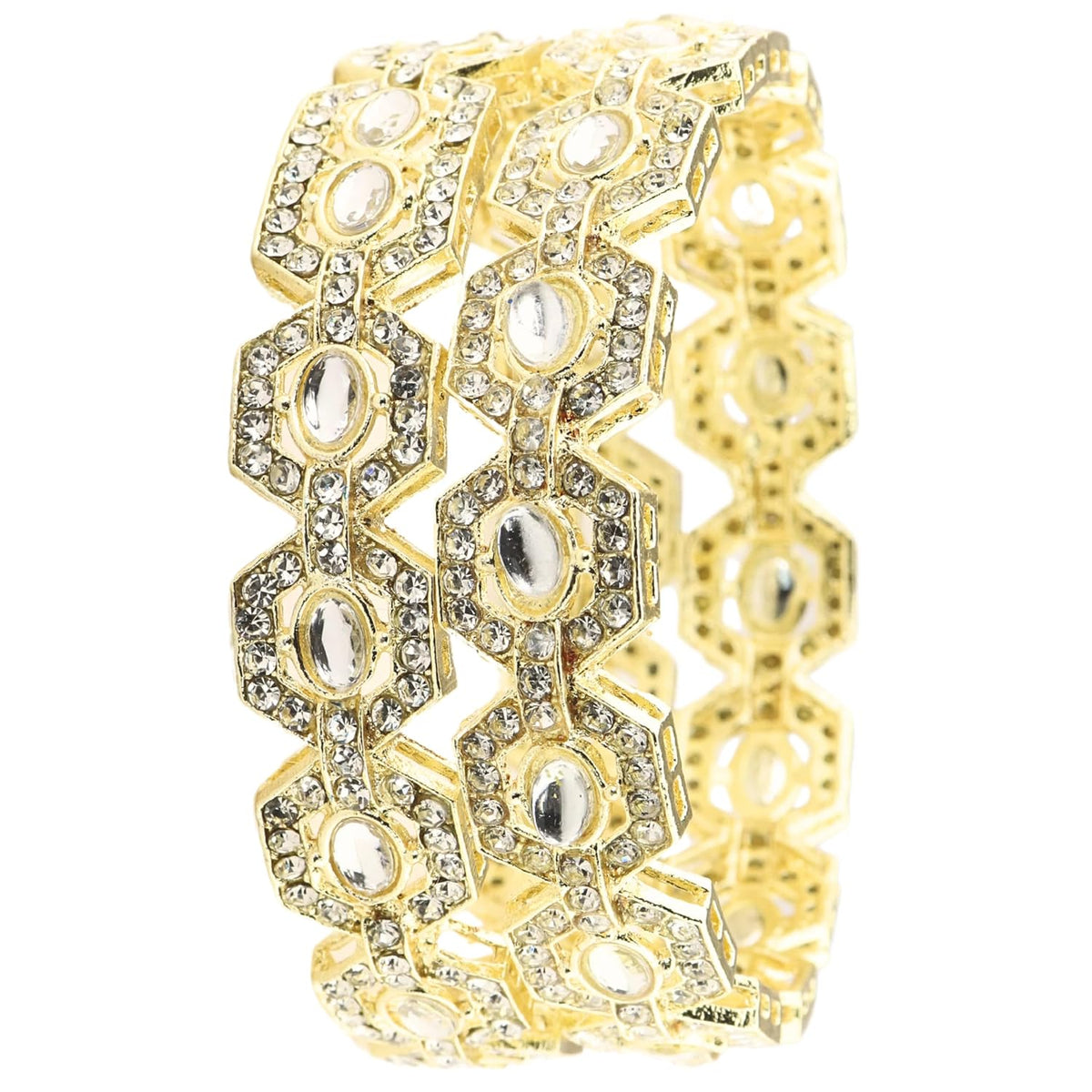 NMII Designer Gold Metal Bangles Set For Women & Girls Adorned with Zircon Diamonds | Premium Bridal Women's Bangles Kangan | Chuda Kada Golden For Wedding, Party, Occasion Jewellery- Set of 2 Bangle