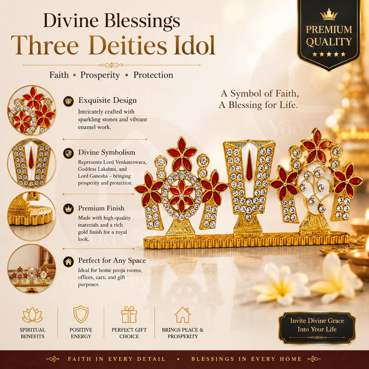 YaaNatural Yaa Catchy Lord Balaji Double-Sided Idol for Car Dashboard & Home Decor Gold Finish Venkateswara Face Statue | Spiritual Gift, Pooja & Office Idol (Double Side Shanku Chakra Namam)