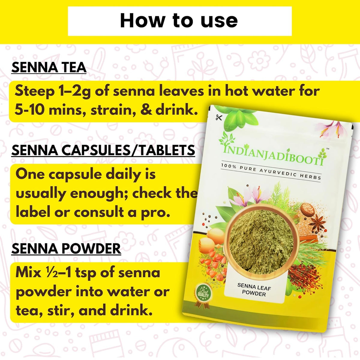 IndianJadiBooti Senna Leaf Powder | Cassia angustifolia | Helps in Digestive wellness | 3 Packs of 900 Grams