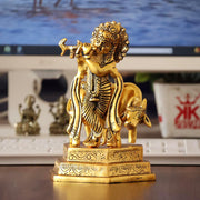 KridayKraft Lord Cow Krishna with Flute Metal Handicraft Statue, Gold-Plated Religious Showpiece Decorative Figurine,Hindu Religious Idol, 16 cm