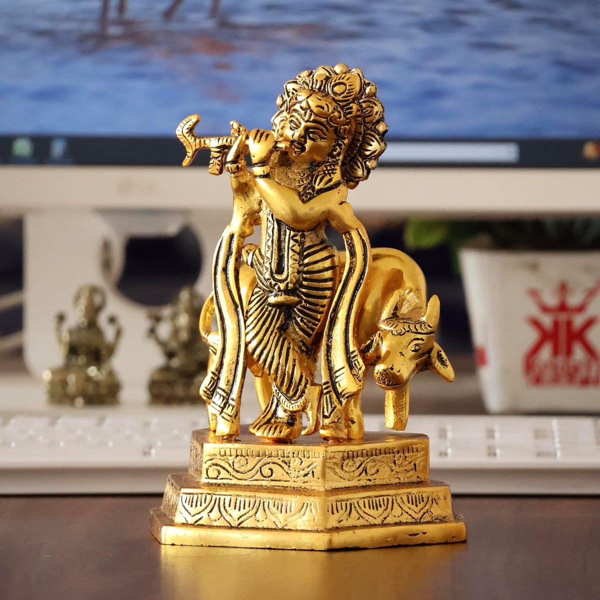 KridayKraft Lord Cow Krishna with Flute Metal Handicraft Statue, Gold-Plated Religious Showpiece Decorative Figurine,Hindu Religious Idol, 16 cm