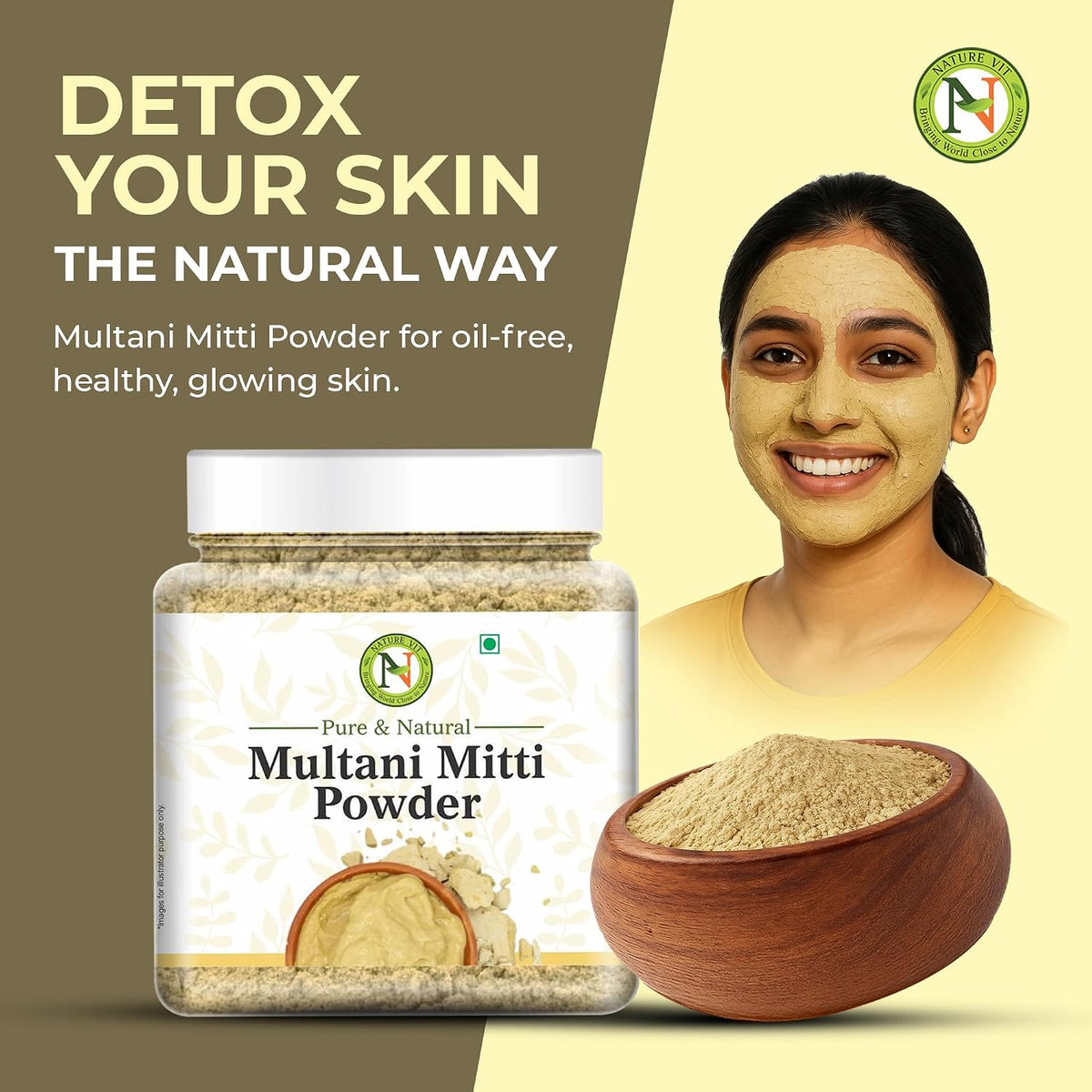 NatureVit Multani Mitti Powder for Face & Hair 250g | Natural Bentonite Clay for Glowing Skin & Oil Control | Fuller's Earth