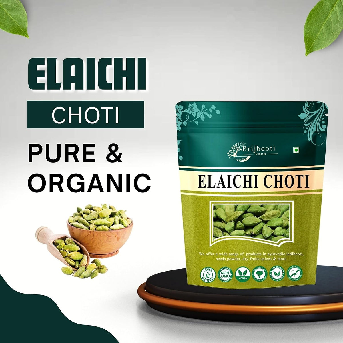BrijBooti Elaichi Choti (No-10) - Green Cardamom - Elettaria Cardamomum - Small Cardamom 100 Gr | FSSAI, GMP, ISO Certified