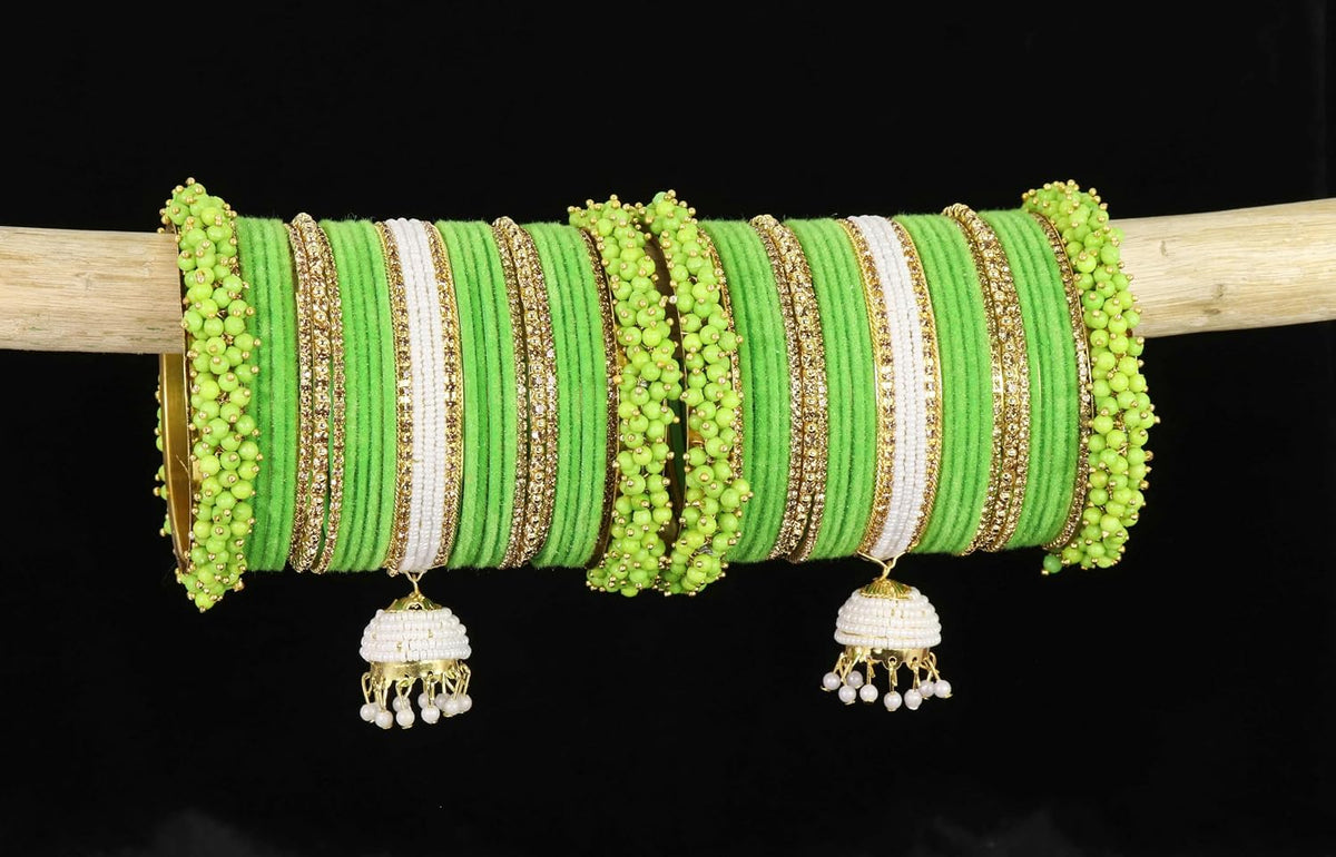 NMII Traditional Metal Velvet Bangles With Pearls & Zircon Stone Latkan Chuda Set for Bridal Women & Girls | Premium Set With Latkan for Wedding, Party, Festive, Occasion Wear - Set of 54