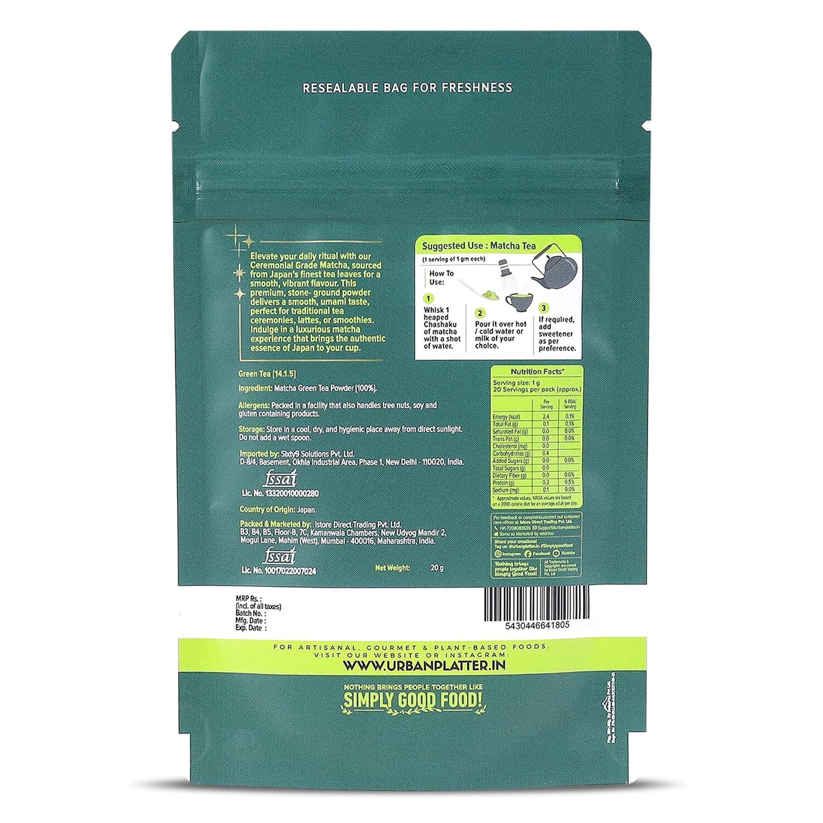 Urban Platter Japanese Ceremonial-Grade Matcha Green Tea Powder, 20g (First-Harvest Leaves | Premium-Grade | Stone-Ground | Antioxidant-Rich)