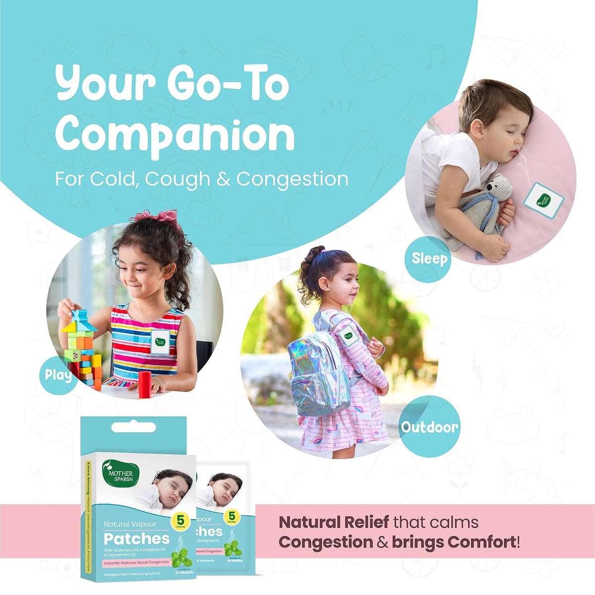 Mother Sparsh Natural Vapour Patches For Kids With Eucalyptus Oil, Peppermint Oil & Thymol Crystal (Camphor Free) | Quick Relief from Runny Nose & Nasal Congestion | Lasts Upto 8 Hrs-(Pack of 5)