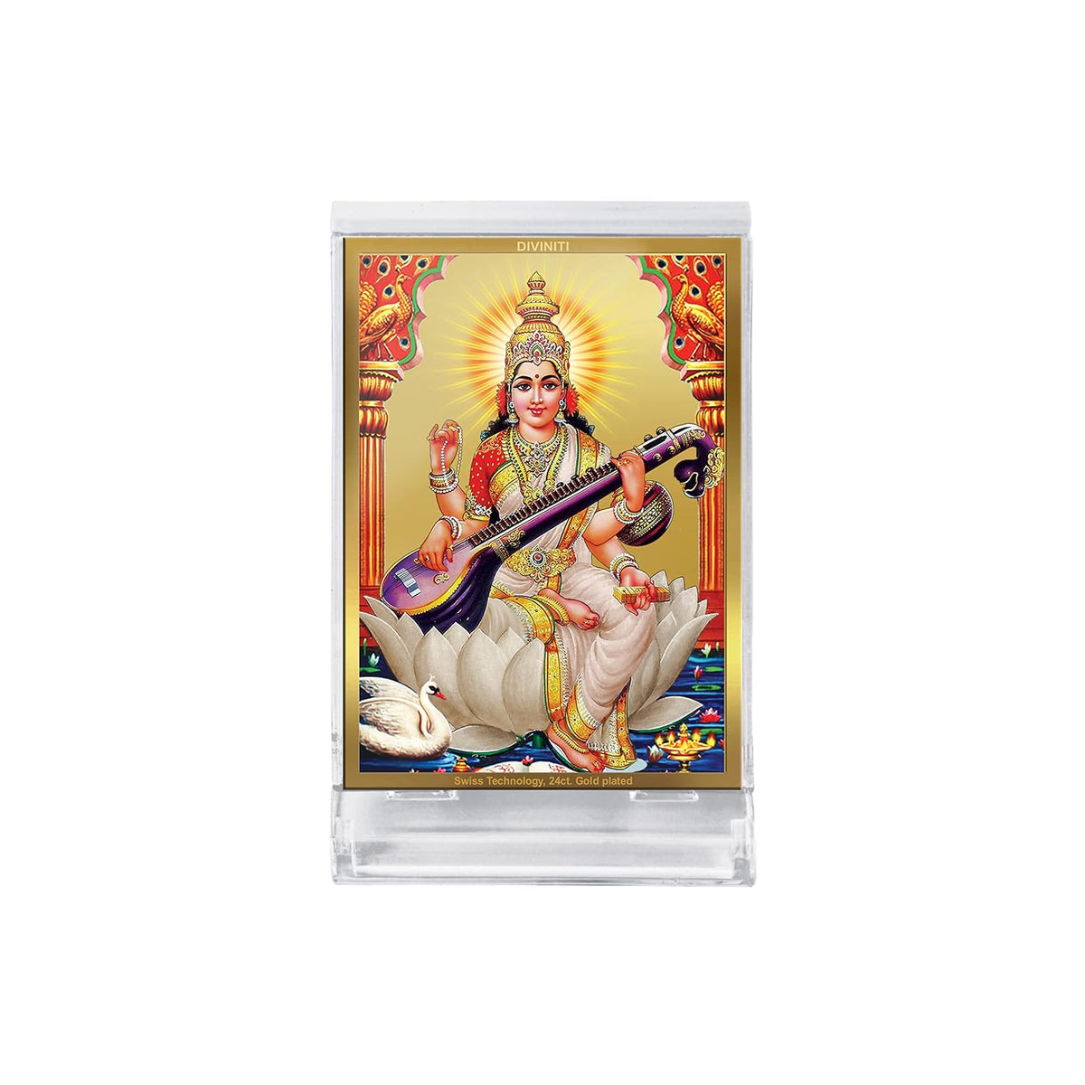 DIVINITI 24K Gold Plated Religious Car Dashboard Frame | Premium God Idol Frame for Car, Home Mandir & Office Table | Spiritual Gift, Decorative Showpiece | Saraswati Mata