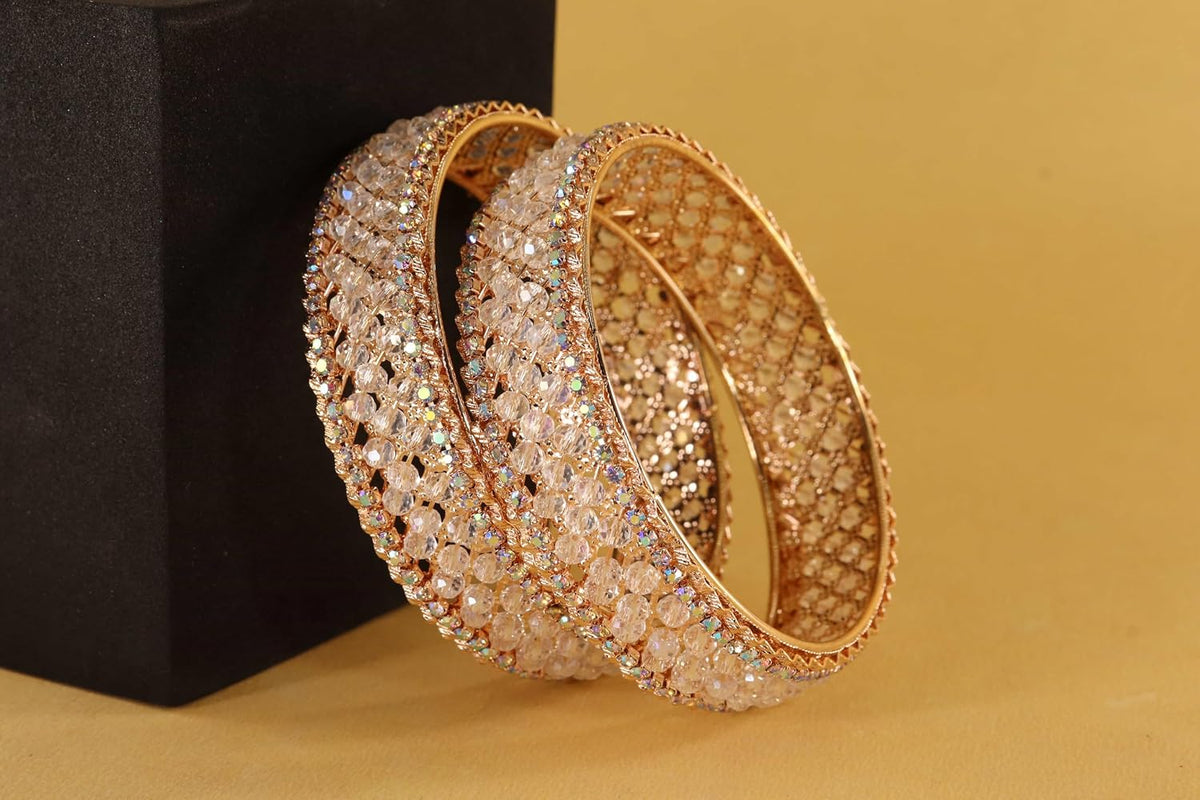 NMII Traditional Metal with White Moti Pearls & Zircon Diamond Kada Bangles Set Women & Girls | Designer Women's Kangan Chudi | Girl's Bangles Bracelet | Wedding, Party, Occasion, Everyday- Set of 2
