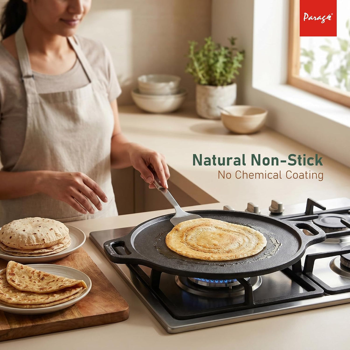 Parage IronCraft Cast Iron Dosa Tawa 30 cm, 4.2 mm Thick Heavy Iron Tawa 3 Kg, Pre-Seasoned Naturally Non Stick, Roti, Chapati, Uttapam Pan, Gas & Induction Compatible, Chemical Free