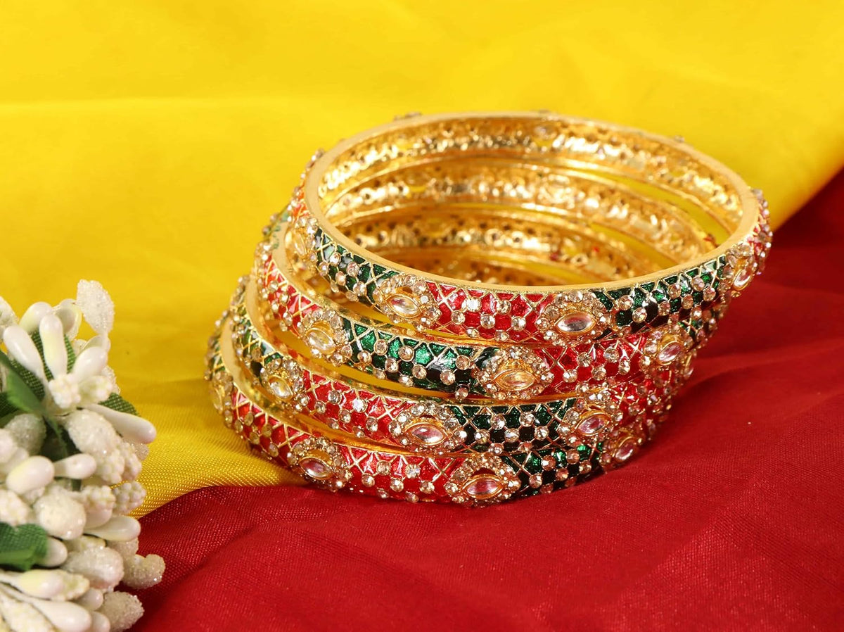 NMII Fancy Alloy Kada Set with Zircon Gemstone & Meenakari Work For Women & Girls | Eye Stone Work Stylish Kangan Set | Traditional Bangles For Wedding, Party, Festival Fashion Jewelry Gift