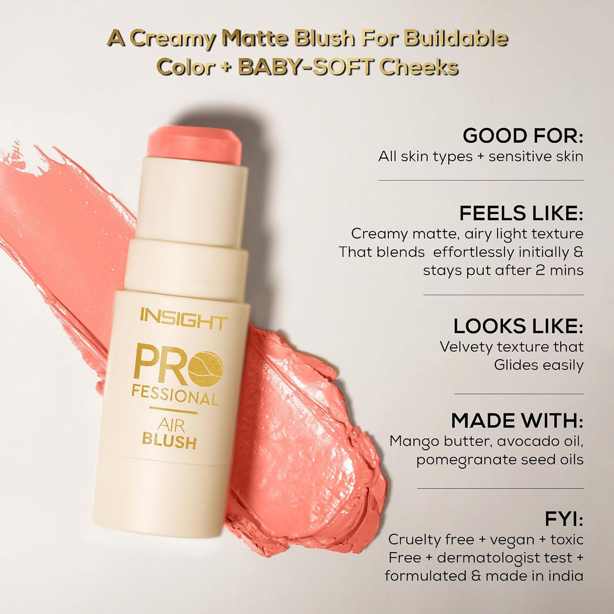INSIGHT Professional Air Blush (7.5 g) Shade - Sunset Dew | Ultra-Lightweight Cream Blush for Natural Glow, Smooth Blend & Radiant Finish (Pack of 2)