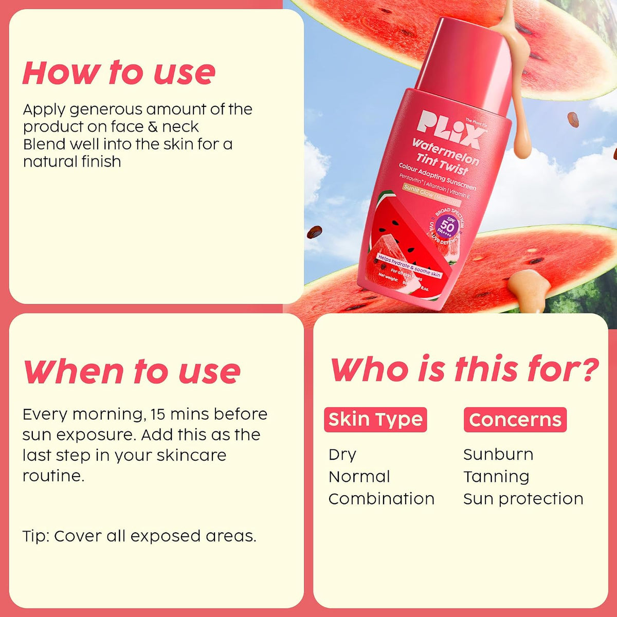 PLIX - THE PLANT FIX Watermelon Tint Twist Color-Adapting Sunscreen | For light coverage & instant glow | SPF 50 PA++++ Medium Sunlit Glow