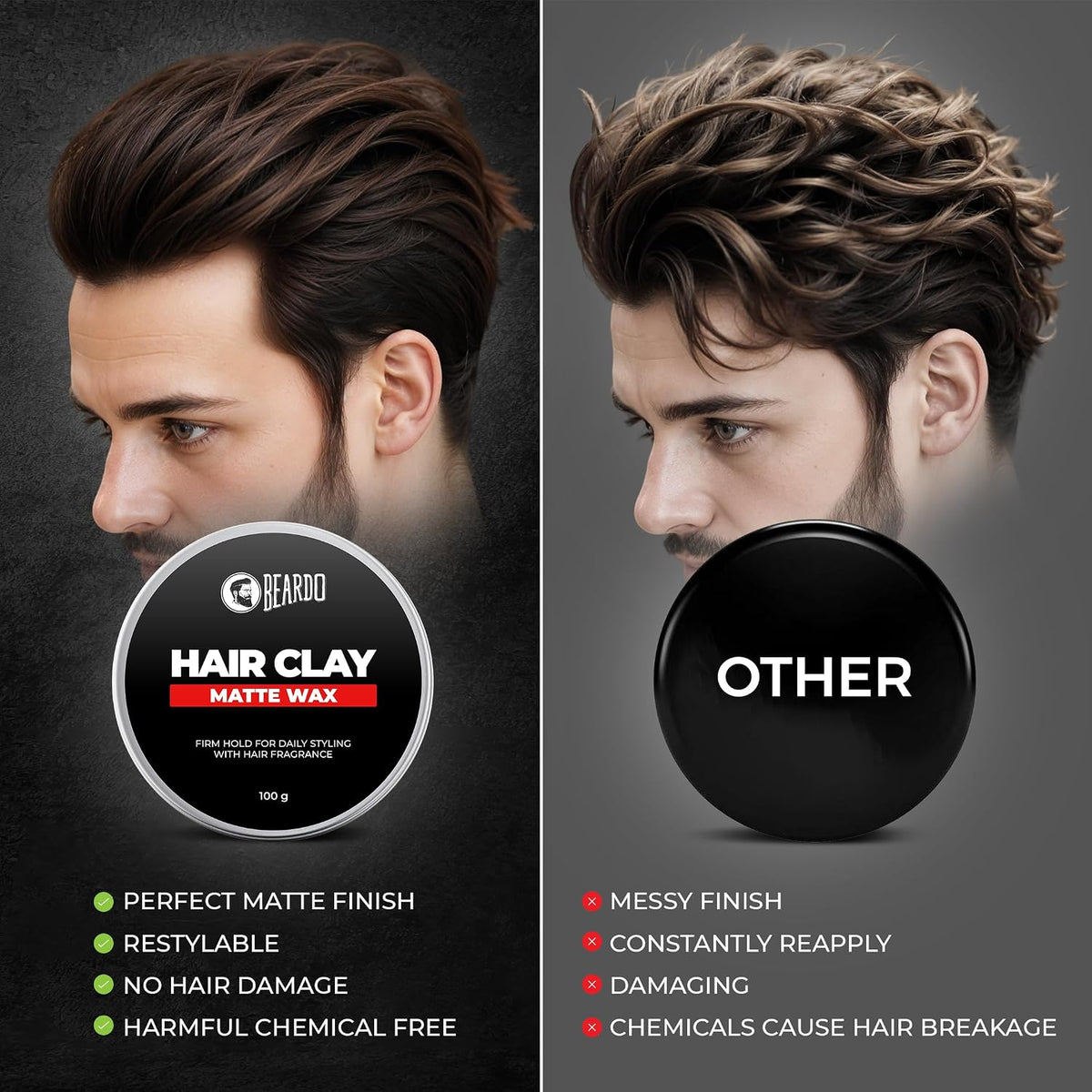 Beardo Hair Clay Wax with Roller Hair Brush for Men | Hair Clay for men | Styling Wax | Volumizing | Strong Hold | Restylable |Matte Finish | Easy to Wash Off | Set of 2