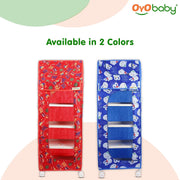 OYO BABY Kids Wardrobe for Storage 5 Shelves | Heavy Duty Plastic Almirah for Baby Clothes, Toys & Books Rack | Compact Storage Organizer for Nursery/Bedroom [Printed - Red]