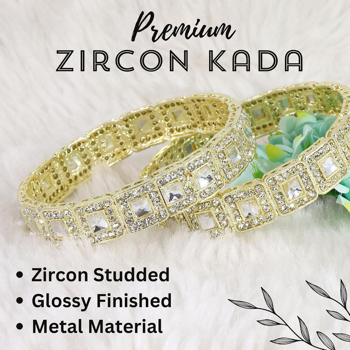NMII Traditional Golden Metal Bangles Kada Set For Girls & Women Embedded with Zircon Gemstone & Kundan Mirror | Trendy Polki Bangles | Women's Bangles Bracelet Golden- Set of 2 Bangle