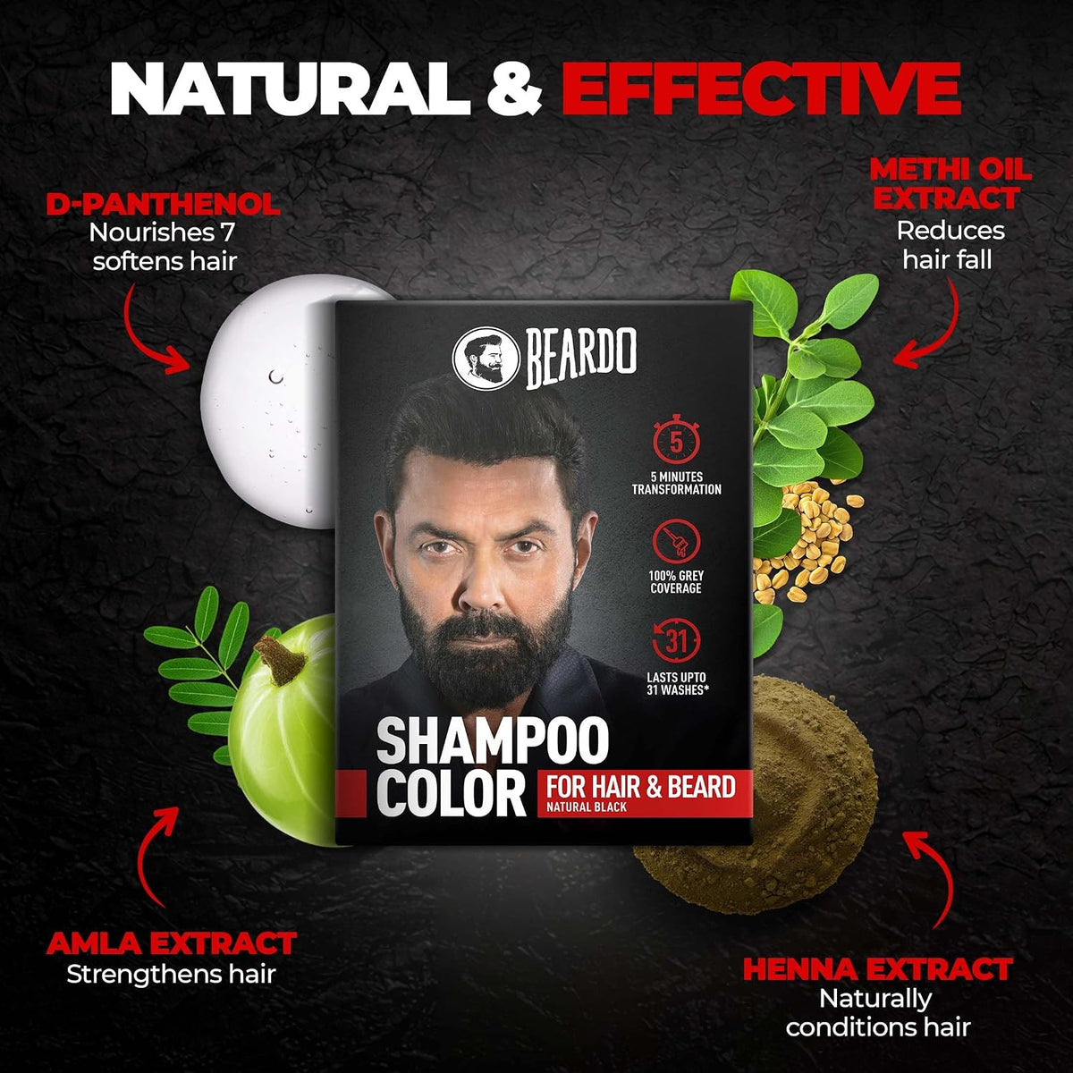 BEARDO Beard & Hair Shampoo Color | Natural Black | 100% Grey Coverage | 5 Minute Hair Colour | Ammonia Free | With Natural Actives | No Stain Beard Colour | 20ml X 5