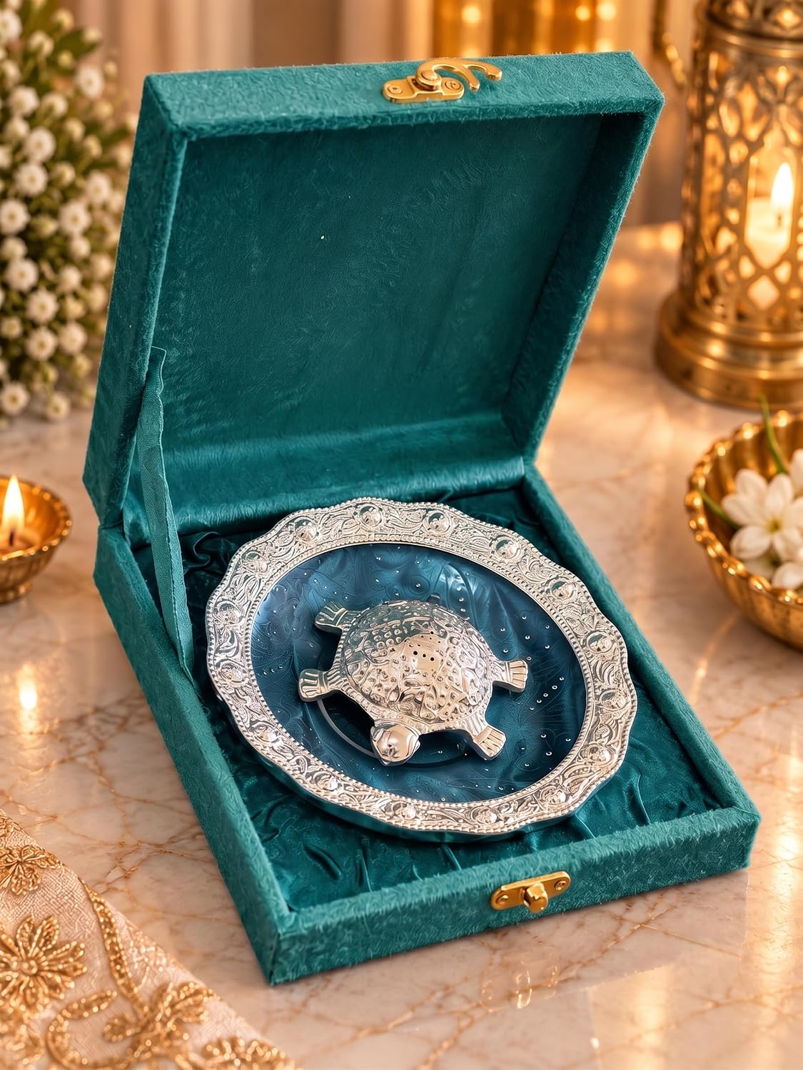 KridayKraft Decorative Tortoise Showpiece with 14 cm Designer Tray and Luxury Dark Teal Blue Gift Box, Tabletop Décor for Home, Office, Wedding, Anniversary and Housewarming Gift