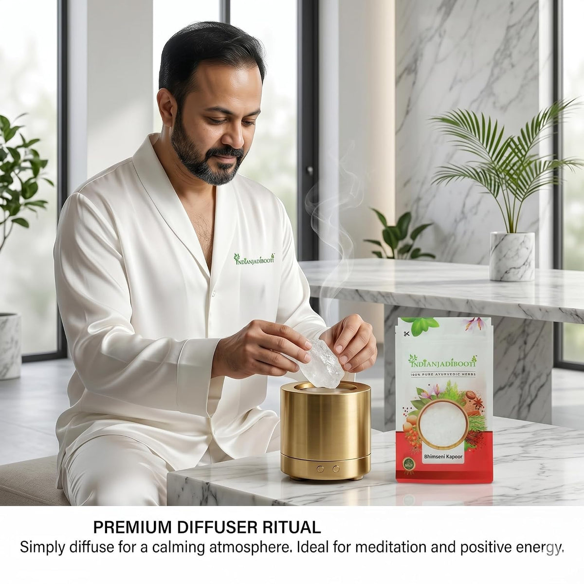 IndianJadiBooti Premium Bhimseni Kapoor – 100% Pure Natural Camphor Crystals for Pooja, Diffuser & Vastu – No Wax, No Residue, Pacha Karpooram for Meditation & Air Purification (100g (The Trial Pack))