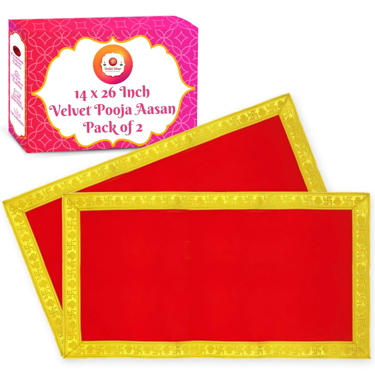 Bhakti Lehar Velvet Long Plain Altar God Idols Pooja Aasan Cloth for Home Mandir, Temple and Pooja Ghar (Red, 14 x 26 Inch) -Pack of 2, Wood