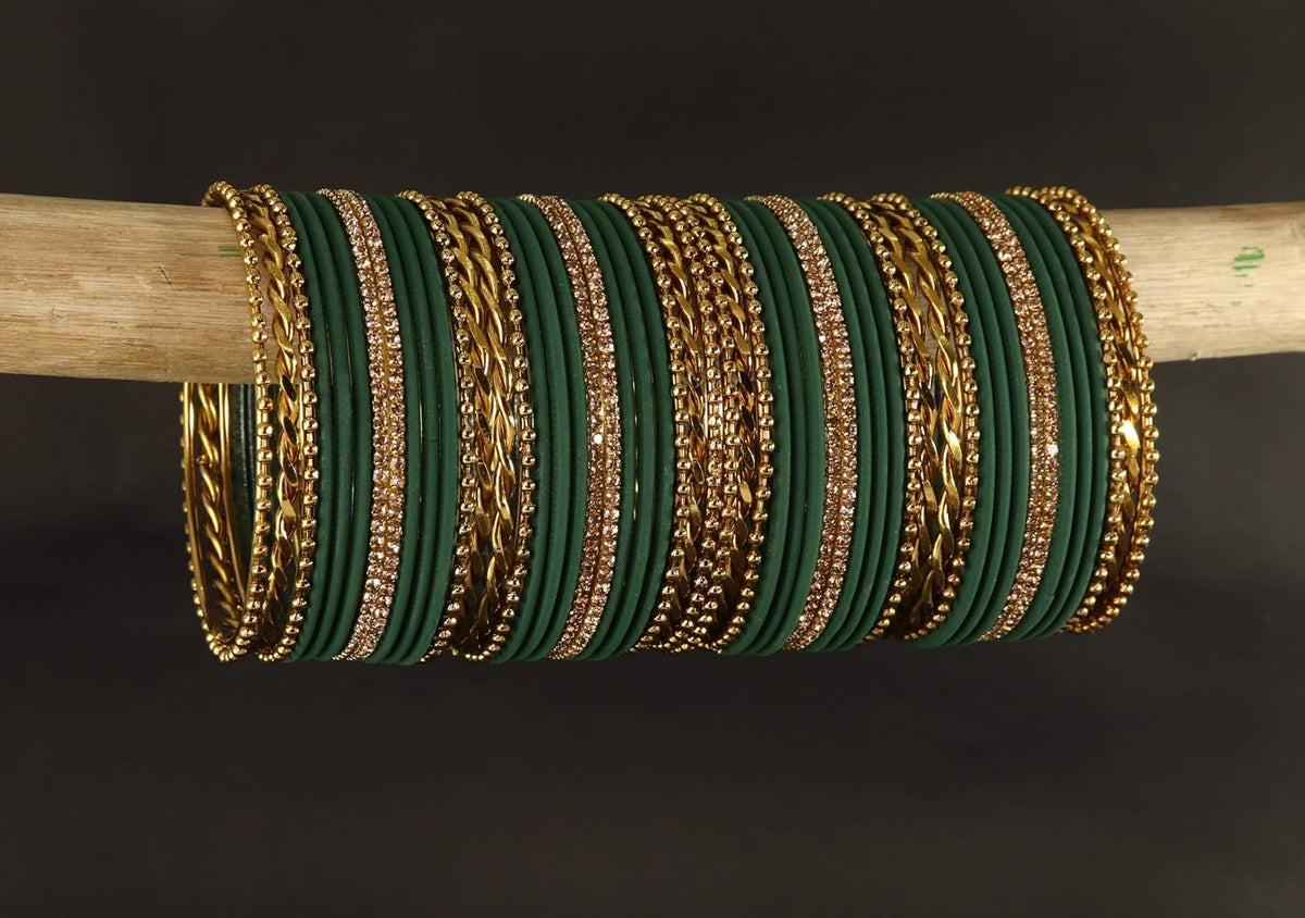 NMII 52 Pcs Velvet Bridal Chuda Set Work With Zircon Stone | Gold Plated Link Chain Chudi | Stone Studded Bangles | Metal Bridal Chuda | Designer Chura For Wedding & Festive