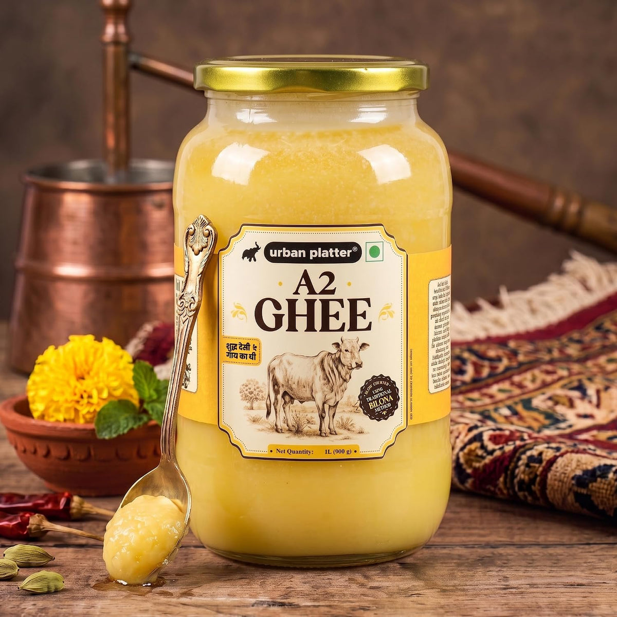 Urban Platter A2 Bilona Cow Ghee, 1L (Traditional Curd-Churned Desi Ghee | Made from A2 Cow Milk | Pure Ghee for Cooking, Tadka & Daily Meals)