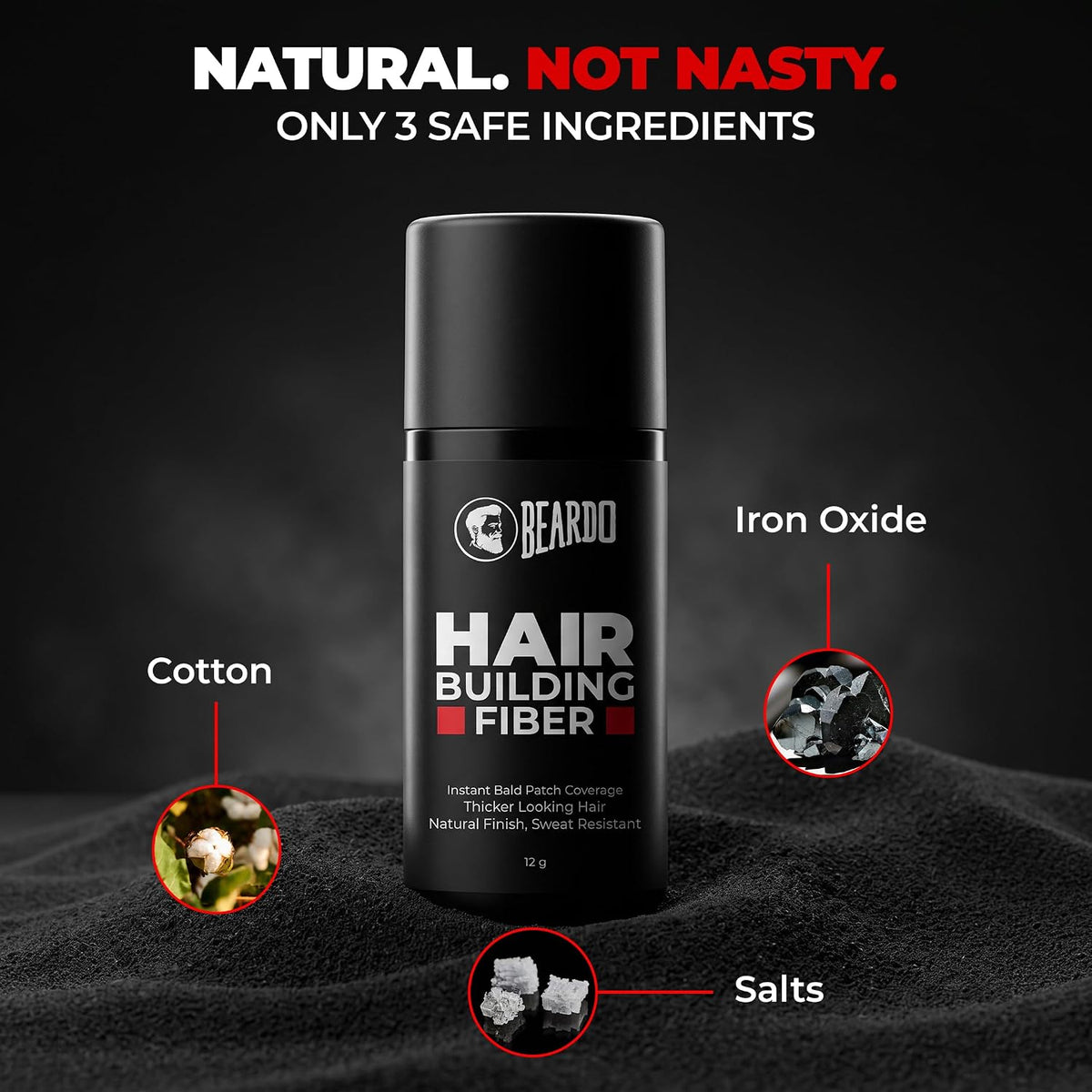 Beardo Hair Building Fiber for Men (12g) | Instant Hair Thickening & Bald Spot Coverage | Natural Salts & Iron Oxides | Sweat, Wind & Rain Resistant | Hyper-realistic hair-like texture | Black