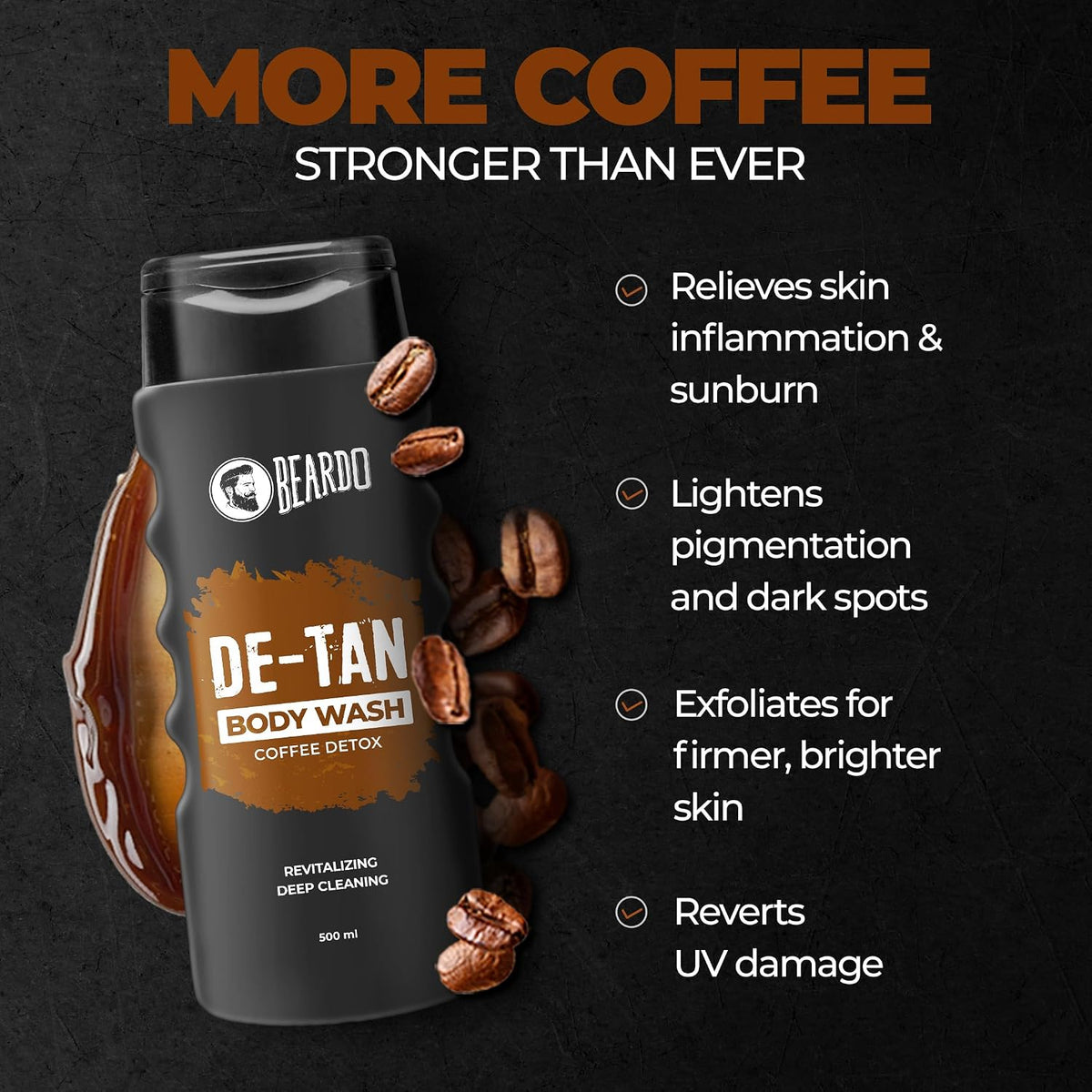 Beardo De-Tan Body Wash for Men, 500ml | Tan Removal and Caffeine Body Wash | Detan With Coffee & Aloe Extracts | For Body & Face | Refreshing Fragrance | Bodywash for Men