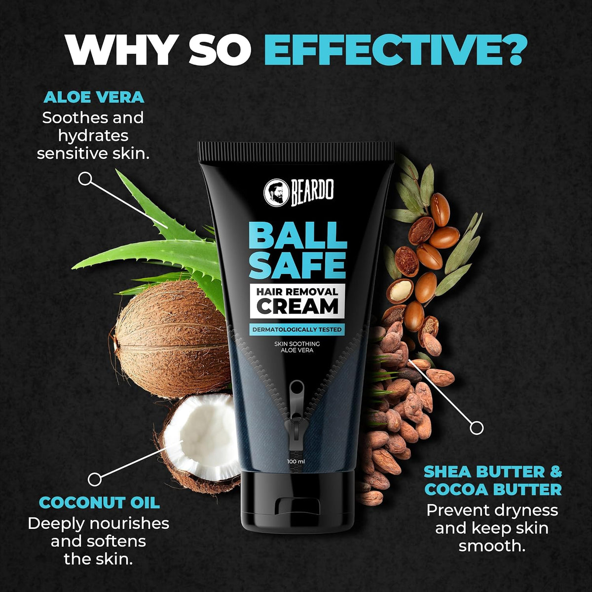 Beardo Ball Safe Hair Removal Cream | Intimate Hair Removal Cream for Men | Painless & Safe Hair Removal in Minutes | With Coconut Oil, Shea Butter & Aloe Vera for Smooth & Hydrated Skin | Dermatologically Tested - 100ml
