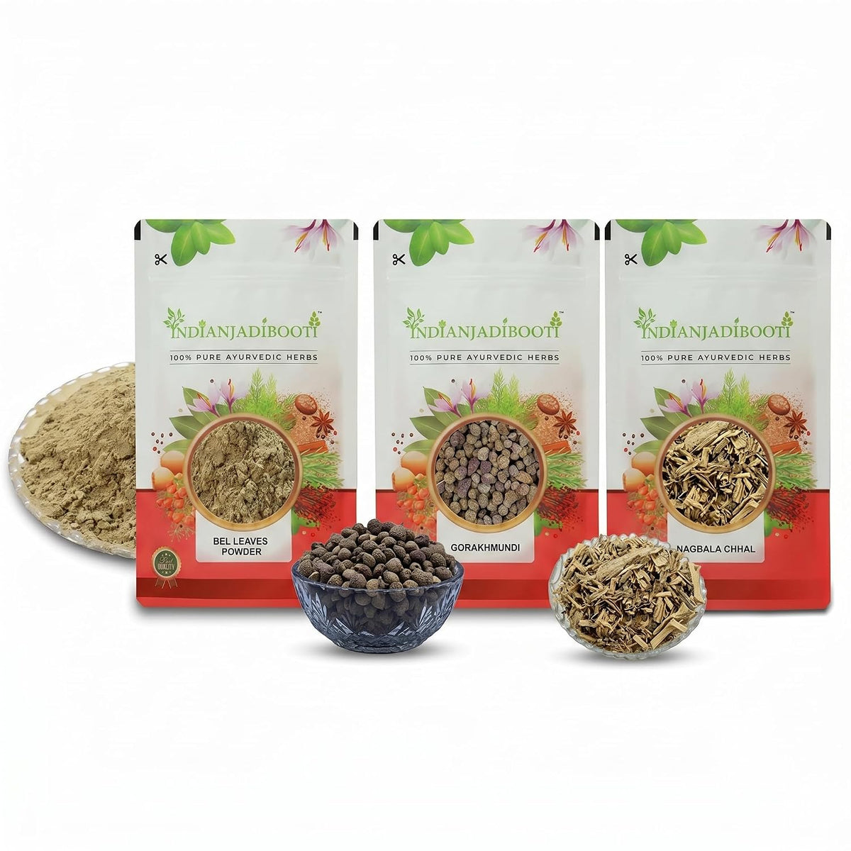 IndianJadiBooti Elite Foundational Bundle: Nagbala Chaal, Gorakhmundi & Bilva Leaves – Promotes Structural Strength, Metabolic Balance & Digestive Ease – 100gm Each