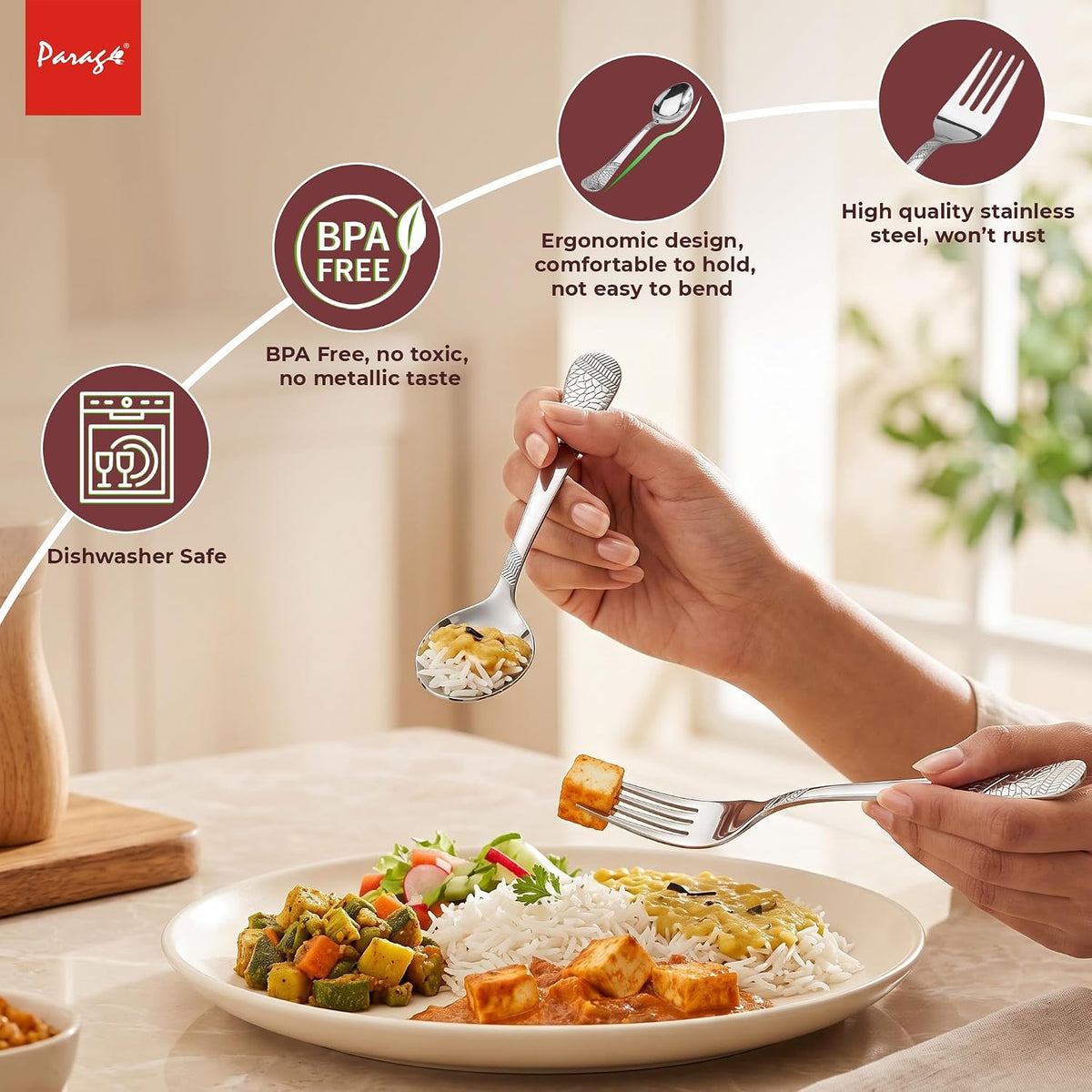 Parage 12 Pieces Stainless Steel Cutlery Set, 16 cm, Premium Cutlery for Home & Kitchen, Luxury Dining Tableware Gift for House Warming, Silver Imperial Design (6 Dinner Spoons & 6 Dinner Forks)