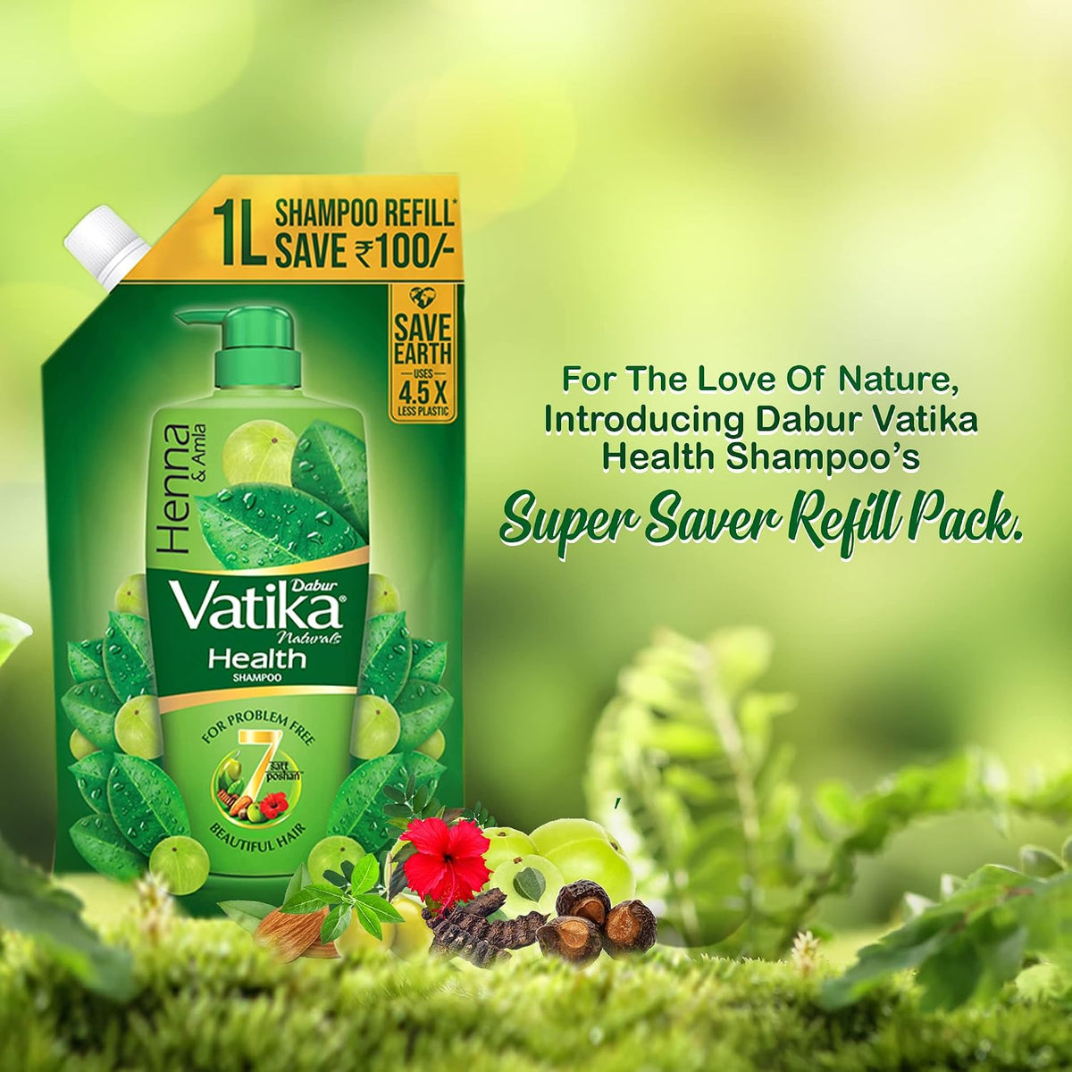 Dabur Vatika Health Shampoo - 1L (Refill Pouch) | With 7 natural ingredients | For Smooth, Shiny & Nourished Hair | Repairs Hair damage, Controls Frizz | For All Hair Types | Goodness of Henna & Amla
