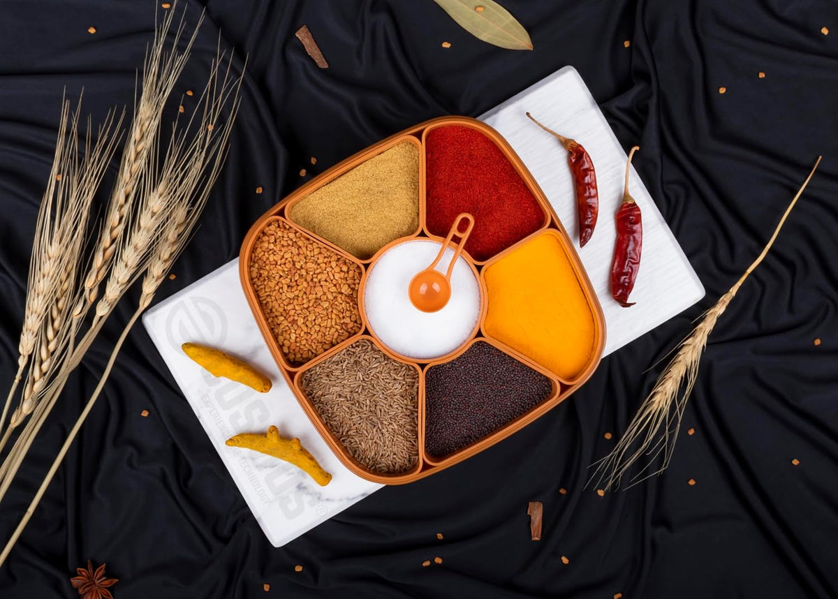 E-COSMOS® Plastic Square 7 Sections Multipurpose Masala Rangoli Dabba Box Set, Spice Box Set - Brown (Masala Box - 7 in 1)