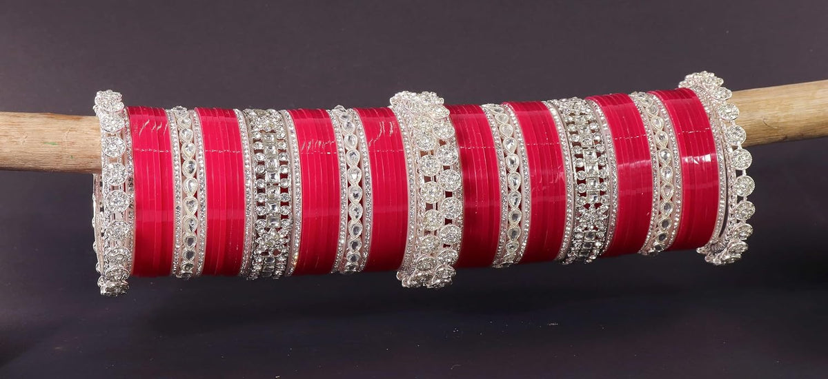 NMII Premium Metal Bangles Silver Chuda Set For Bridal Women & Girls with Zircon Diamond & Kundan Beads | Designer AD Chuda | Bridal Bangles Chooda Set For Wedding, Party, Occasion-Set of 74