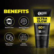 Beardo Ultra Glow Serum Sunscreen SPF 60 PA++++| UVA/UVB Protection | No White Cast | Ultra Lightweight 3 in 1 with Niacinamide, Ceramides & Hyaluronic Acid | Non-Greasy | Designed for Men | 50g