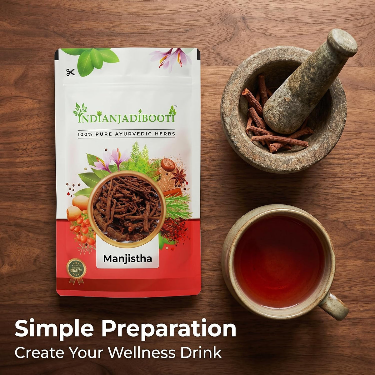 IndianJadiBooti Pure Manjistha Root | Traditional Ayurvedic Botanical for Skin Radiance, Complexion Vitality & Pitta-Grounding Wellness Rituals (250 Grams)