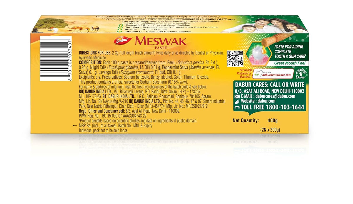 Dabur Meswak: India's No-1 Fluoride Free Toothpaste with Antibacterial, Anti Inflammatory & Astringent benefits,Cavity Protection|Helps fight Plaque, Tartar, Cavity and Tooth Decay- 400 gram(200gm*2)