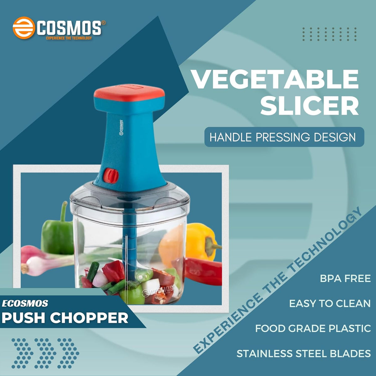 E-COSMOS® Food Chopper 1000ml, 6 Blade Steel Large Manual Hand-Press Vegetable Chopper Mixer Cutter to Cut Onion, Salad, Tomato, Potato (Deep Aqua)