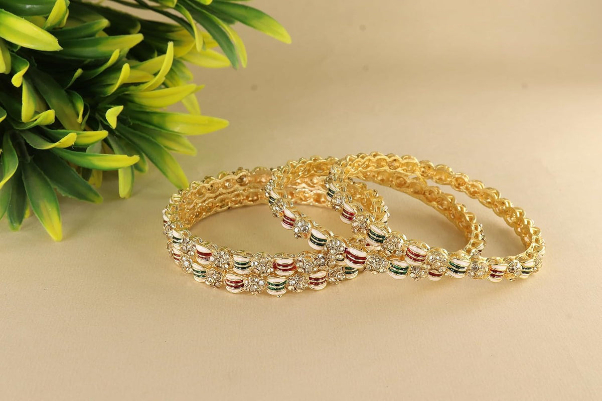 NMII Golden Metal Bangles Set For Women & Girls with Zircon Diamond Stone | Traditional Rajwadi Girl's Bangles Kangan | Fancy Women's Fashion Jewellery | Perfect for Wedding, Party, Festive- Set of 4
