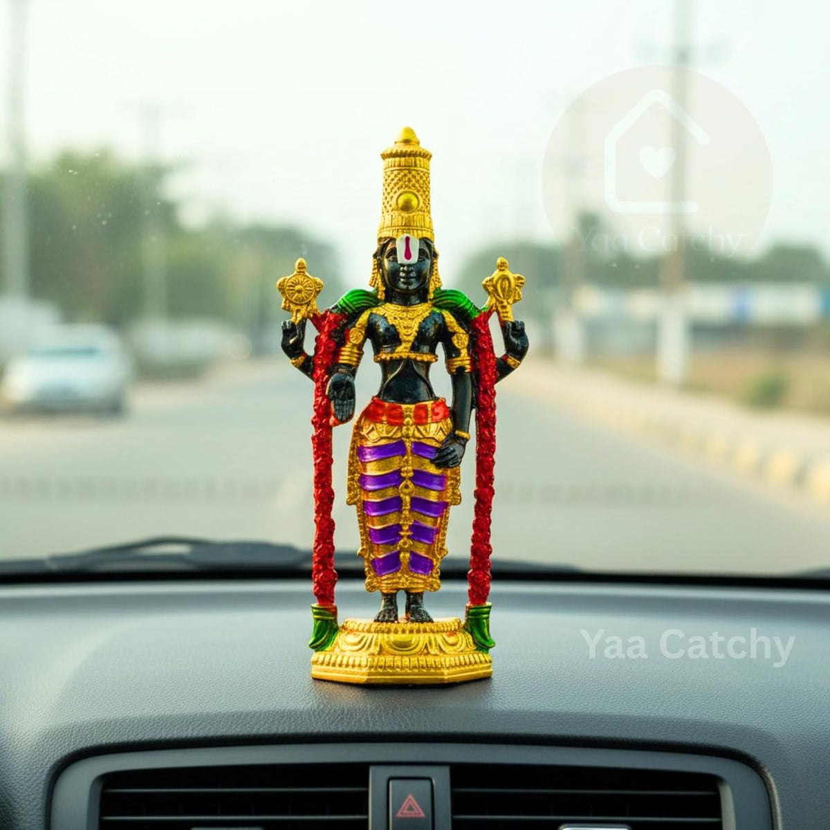 YaaNatural Yaa Catchy Lord Balaji Double-Sided Idol for Car Dashboard & Home Decor Gold Finish Venkateswara Face Statue | Spiritual Gift, Pooja & Office Idol (Thirupathi Colour Balaji)