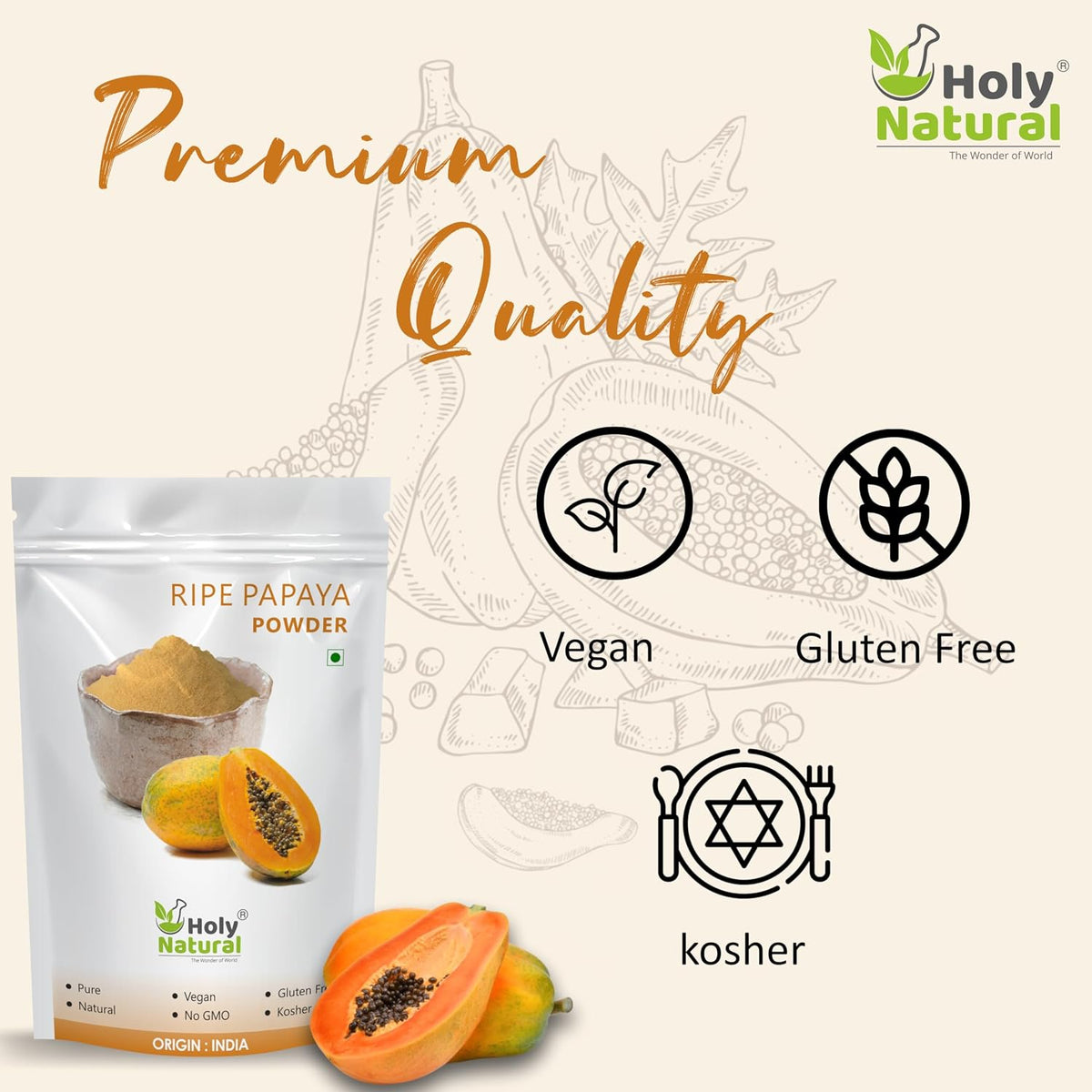 Holy Natural Ripe Papaya Fruit powder -100 GM | Also Called Carica papaya, papaw or pawpaw | Spray Dried Powder, Sugar Free, Rich source of phytonutrients, minerals and vitamins.