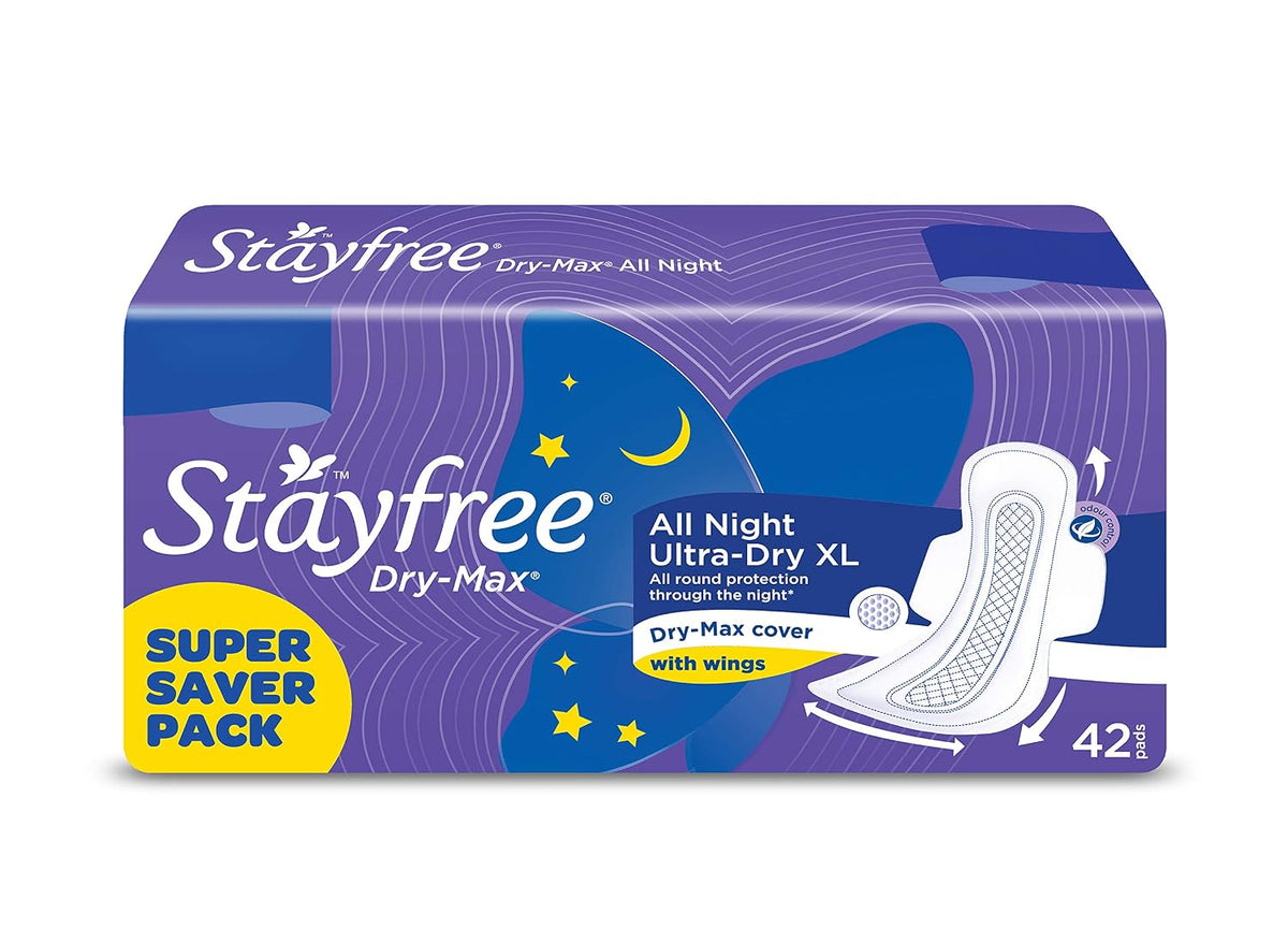 Stayfree Secure XL Ultra Thin Sanitary napkins (40 Count) & Stayfree All Night XL Dry Max Cover Sanitary Napkins - 42 Pads (Super Saver Pack)