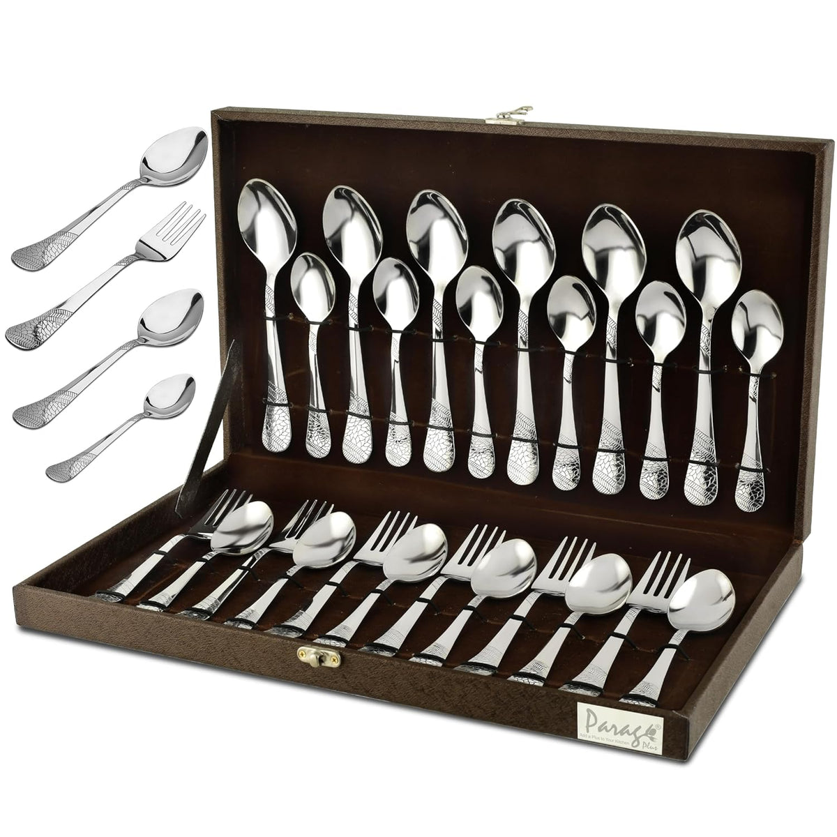 Parage 24 Pieces Premium Stainless Steel Cutlery Set, Home & Kitchen with Gift Box (6 Pieces Each Table Spoons, Table Forks, Dinner Spoon & Tea Spoons) with Leatherite Box (Imperial Design)