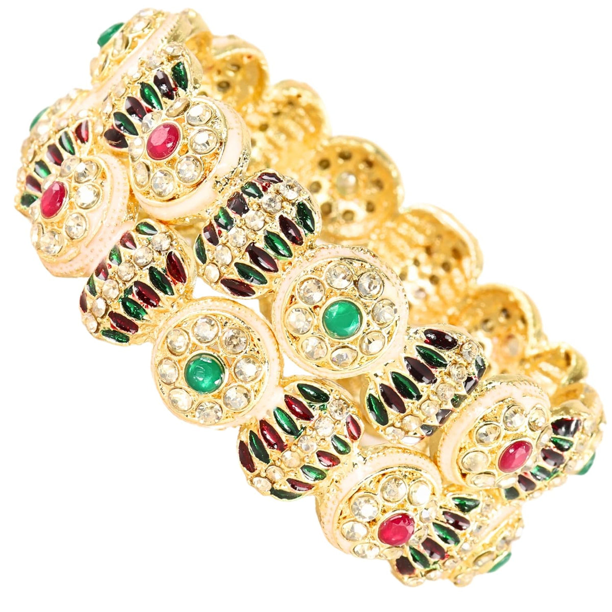 NMII Golden Metal Bangles Set with Red & Green Zircon Stones For Women & Girls | Traditional Rajwadi Design Kangan | Perfect Bangles Set For Wedding, Party, Festive, Occasion, Daily- Set of 2