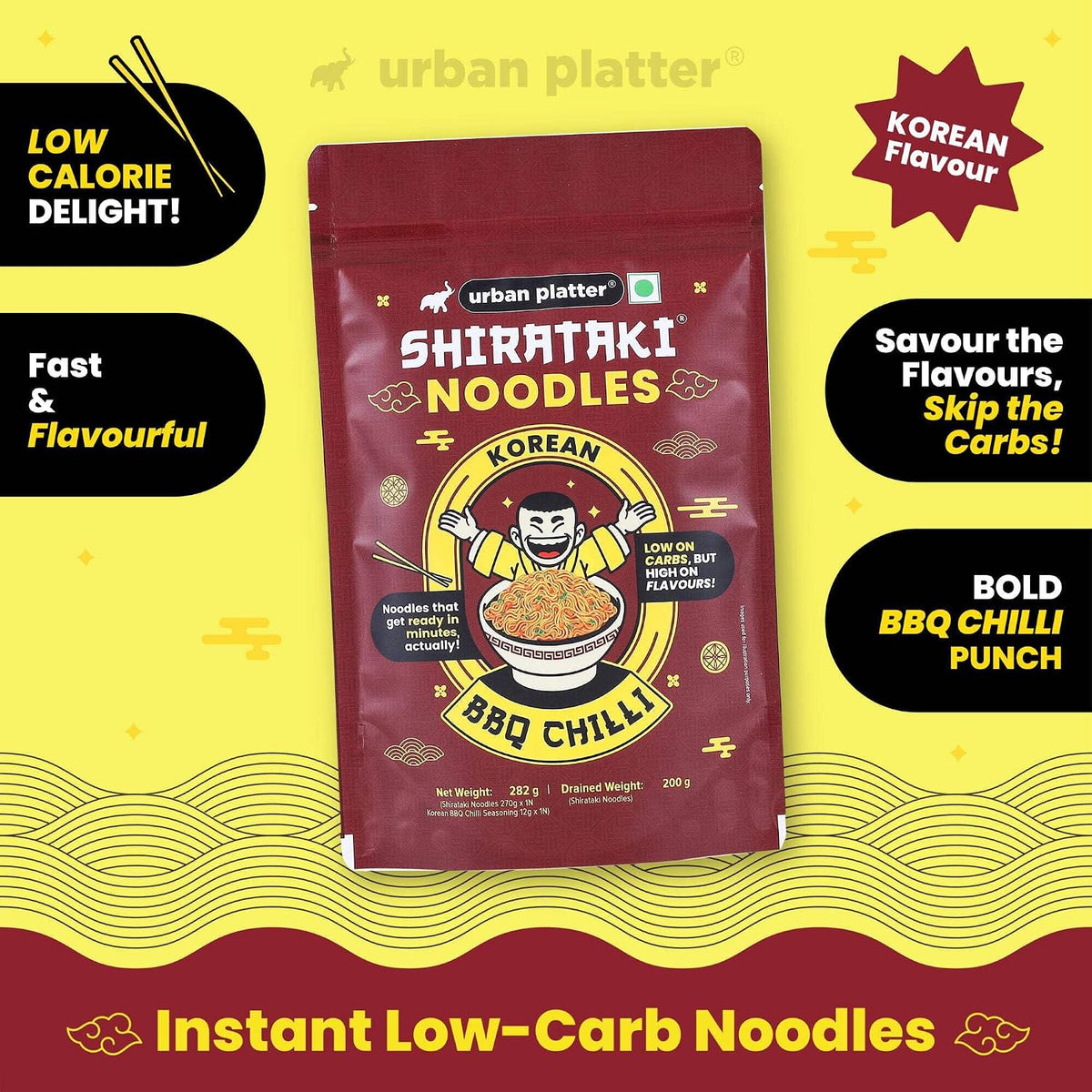 urban platter Korean BBQ Chilli Shirataki Noodles, 282gm (Konjac Noodle | Keto-friendly, Low-Carb, Fat-free | Spicy BBQ Chilli Flavour | Ready in Minutes), Large