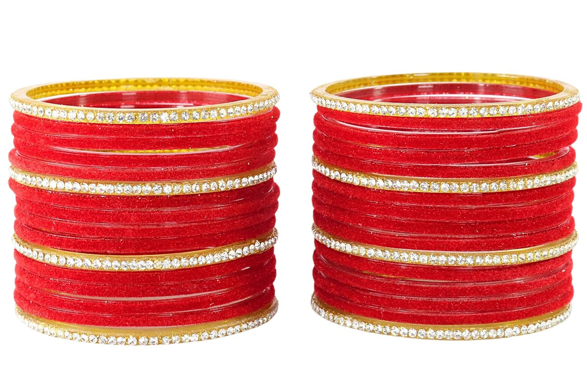 NMII Fancy Glass Golden Zircon Diamond Stone & Velvet Finish Plain Bangles Set For Women & Girls | Glass Velvet Bangles | Kanch ki Chudiyan | Girl's Bangles Bracelet | Fashion Jewellery- Set of 32